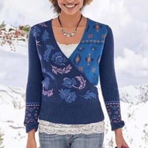 BOGO! Sundance Galaxy Delight Surplice Wool‎ Jacquard Sweater Faux Wrap Medium